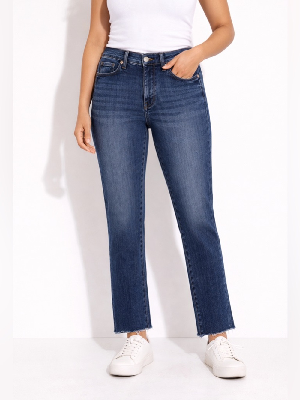 Judy Blue Straight Leg Jeans Medium Wash High Rise Raw Hem Size 8 - Picture 2 of 9